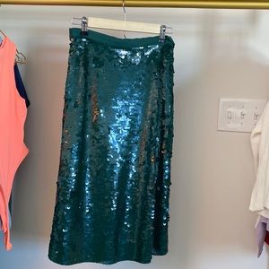 J.Crew gorgeous emerald green sequin pencil skirt with ribbon! Like new. Size 2.